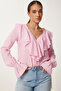 Flounced Buttoned V-Neck Linen Blended Blouse Light Pink Ldp0049