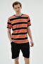 Orange Striped Crew Neck Men's Shorts Pajama Set