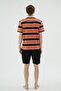 Orange Striped Crew Neck Men's Shorts Pajama Set - 6