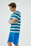 Blue Striped Crew Neck Men's Shorts Pajama Set - 3