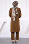 Brown Judge Collar Sleeve Ribbed Tunic Pants Suit - 3