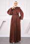 Burgundy Balloon Sleeve Pleated Chiffon Evening Dress - 2