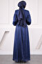 Navy Blue Balloon Sleeve Pleated Chiffon Evening Dress - 3