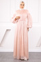 Powder Balloon Sleeve Pleated Chiffon Evening Dress - 2