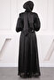Black Balloon Sleeve Pleated Chiffon Evening Dress - 3