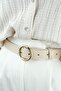 Women's Round Yellow Buckle Beige Leather Belt 100 cm - 2