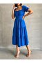 Women's Blue Gathered Collar Stretch Dress - 2