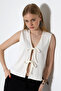 Aust Women's Bow Tie Detailed Textured Vest & Blouse & Cardigan - Ecru - 6