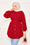 Double Collar Drawstring Waist Modest Shirt Red - 2