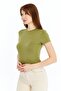 Women's Oil Green Round Neck Short Sleeve Viscose Blouse - 4