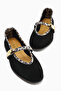 Genuine Leather Aliana Black Suede Buckle Leopard Detailed Women's Ballerinas