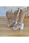 White Mother-Of-Pearl Summer Glitter Piping Heel Sandals Shoes - 5