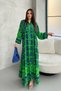 Women's Green Button Detailed Placket Neckline Ethnic Print Balloon Sleeve Loose Long Dress - 2