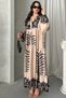 Women's Beige Button Detailed Placket Collar Ethnic Patterned Balloon Sleeve Loose Long Dress - 4