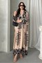 Women's Beige Button Detailed Placket Collar Ethnic Patterned Balloon Sleeve Loose Long Dress - 3