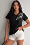 Women's Black V-Neck Shoulder Leaf Sequin Sequin and Embroidery Embroidered 100% Cotton T-Shirt - 3