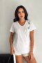 Women's White V-Neck Shoulder Leaf Sequin Sequin and Embroidery Embroidered 100% Cotton T-Shirt - 3