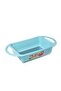 Large rectangular plastic colander with two handles and a steel base