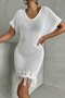 Women's Tasseled Bikini Top Mesh Knit Mini Beach Dress White Tunic