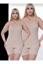 Milk Coffee Large Size Ribbed Shorts Set - 3