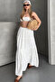 White Basic Lined Pleated Women's Long Skirt - 2