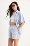 Women's Blue White Striped Oversize Fringed Shirt Pocket Detail Elastic Waist Shorts Set Dt251021 60283390 - 2