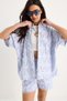 Women's Blue White Striped Oversize Fringed Shirt Pocket Detail Elastic Waist Shorts Set Dt251021 60283390 - 4