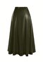 Women's Khaki Faux Leather Mevlana Skirt, Long, Front Zippered, Everyday & Evening Elegance - 2