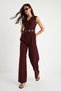 Women's Burgundy V-Neck Belted Wide Leg Jumpsuit with Pockets 90021 60283050 - 3