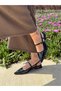 Carmen Pointed Toe Belt Detailed Short-Heeled Black Patent Leather Women's Ballerinas - 4