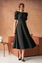 Flexible Crepe Fabric Balloon Sleeve Round Neck Midi Length Flared Black Dress 092 - 2