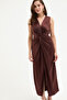 Women's Brown Knot Detailed Midi Satin Dress - 3