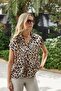 Women's Collared Off-Shoulder Short Sleeve Stylish Shirt-Beige Leopard - 2