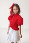 Girl's Balloon Sleeve Overhead Stone Embroidery Asymmetrical Cut Red Shirt with Floral Motif Skirt Suit - 3