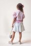 Girls' Balloon Sleeve Overhead Stone Embroidery Asymmetrical Cut Powder Shirt and Floral Motif Skirt Suit - 5
