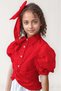 Girl's Balloon Sleeve Overhead Stone Embroidery Asymmetrical Cut Red Shirt with Floral Motif Skirt Suit - 4