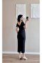 Women's Black Satin Gathered Midi Dress with Slit - 2