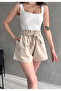 Women's Beige Shorts with Gathered Waist and Belt - 3