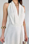 Elb-01787 Ecru Backless Thin Belt Detailed Linen Summer Dress - 5