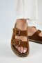 (Lavanda 2) Women's Genuine Leather Double Buckle Tan Slippers - 6
