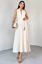 Elb-01787 Ecru Backless Thin Belt Detailed Linen Summer Dress - 4