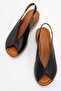 Women's Genuine Leather Wedge Heeled Sandals 6317 Black - 6