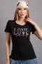 Love Printed Crystal Stone Slim Fit Slim Cotton Stylish Women's Short Sleeve Black T-Shirt