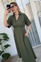 Adjustable Waist Double Breasted Collar Short Sleeve Khaki Dress - 3