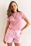 Women's Pink Crew Neck Short Sleeve Pleated Blouse Blz-19002892 - 6