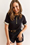 Women's Black Sleeve Detailed Draped Knitted Viscose Blouse Blz-19003009