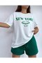 New Season Women's New York Printed White T-Shirt Oversize - Green Shorts Bottom Top Set - 4