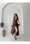Brown Double-Breasted Collar Buttoned Slit Tencel Dress - 2