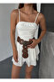 Women's White Strap Drape Gathered Neckline Mini Shorts Skirt Dress - 8