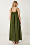 Long Viscose Dress with Beaded Strap Khaki Lfg0003 - 6
